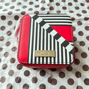 SOLD - Henri Bendel Red and Centennial Stripe Leather Zip Travel Jewelry Box